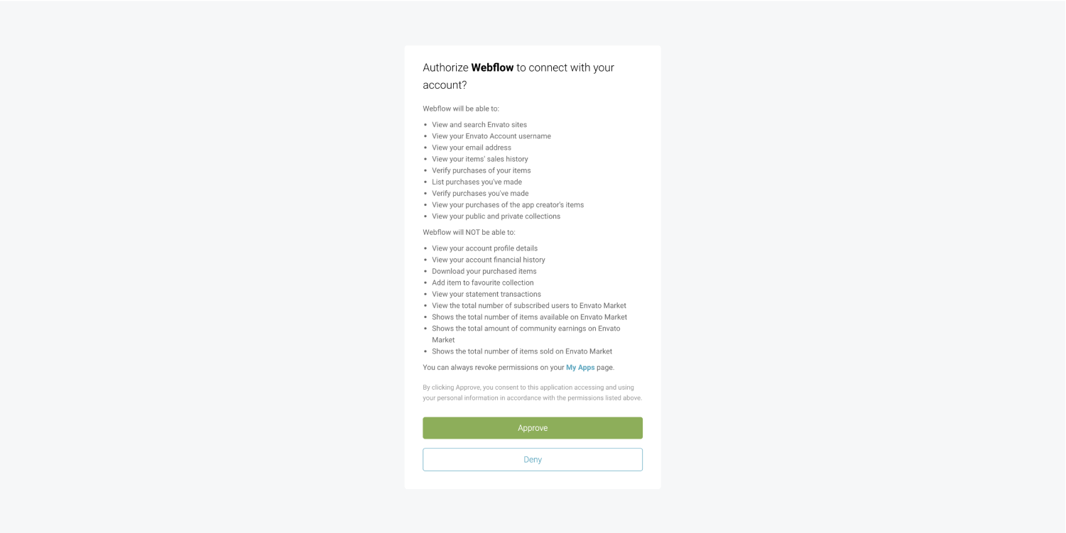 An authorization pop up window from Envato. There are two button responses allowed, approve and deny.