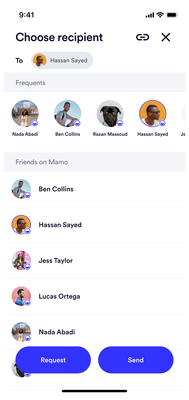 Choosing recipient screen
