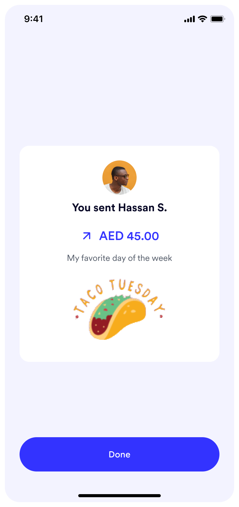 Money successfully sent screen with a cute taco tuesday gif