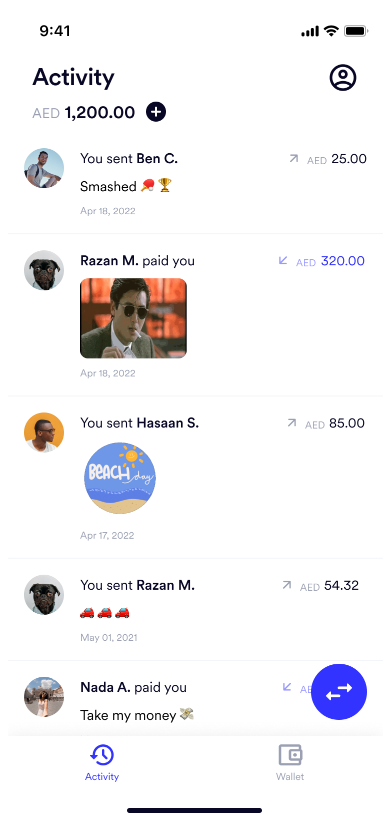 List of people that received and sent money