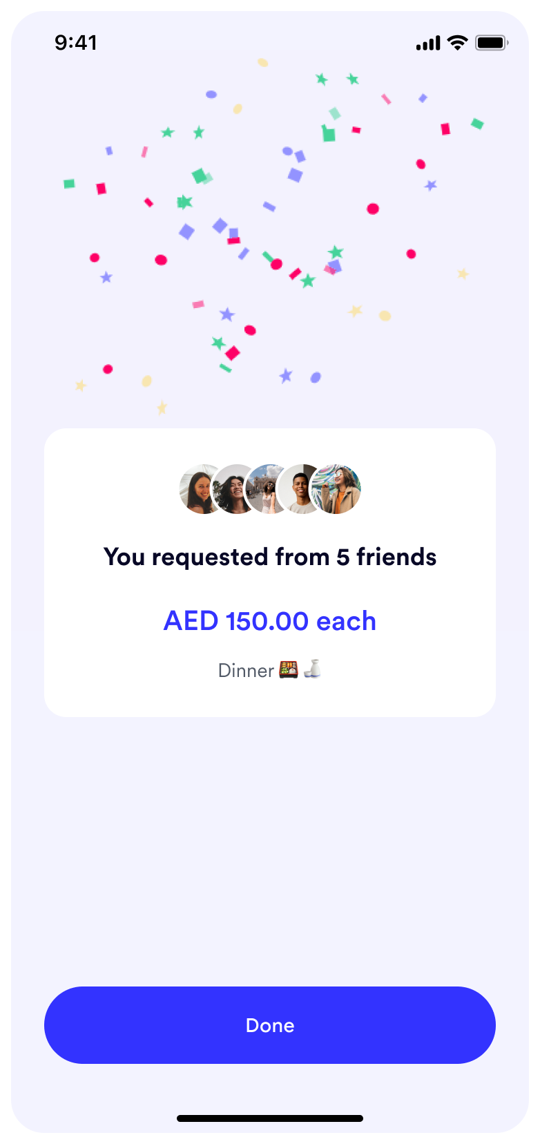 successfully requested money from 5 people (pay up)