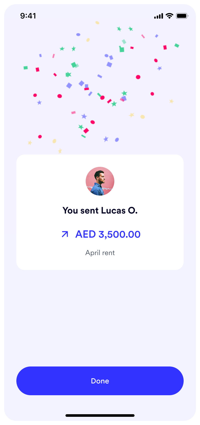 Money sent successfully for rent