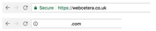Note the green padlock (in this example in a Chrome browser)) on the secure website and the grey "i" icon next to the website that doesn't have an SSL certificate