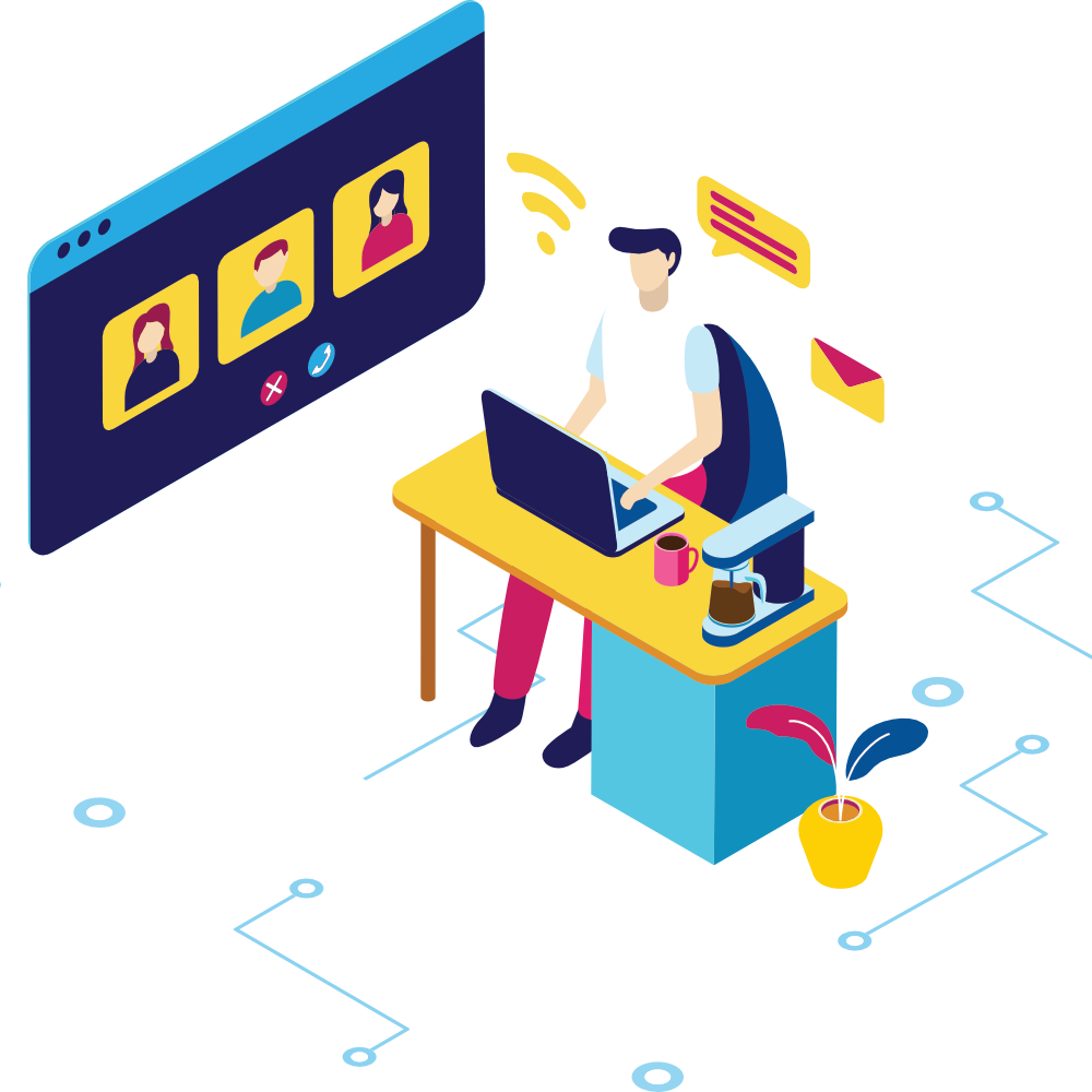 Man at desk, maintaining a website