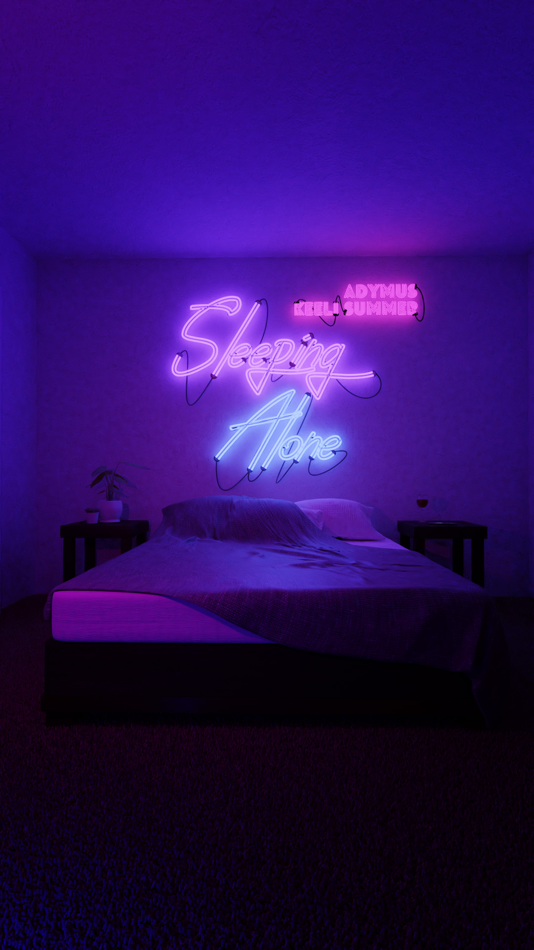 "Sleeping Alone" neon sign on bedroom wall