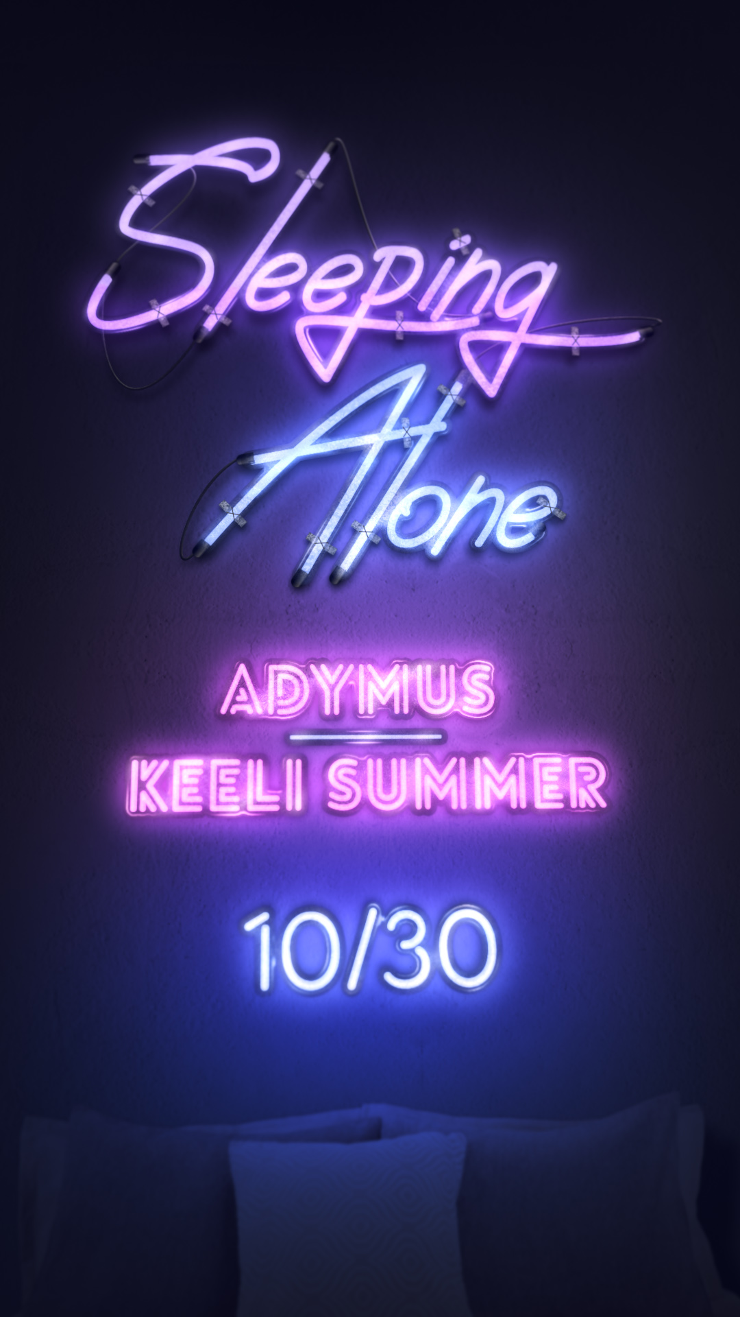 "Sleeping Alone" neon sign on bedroom wall with release date
