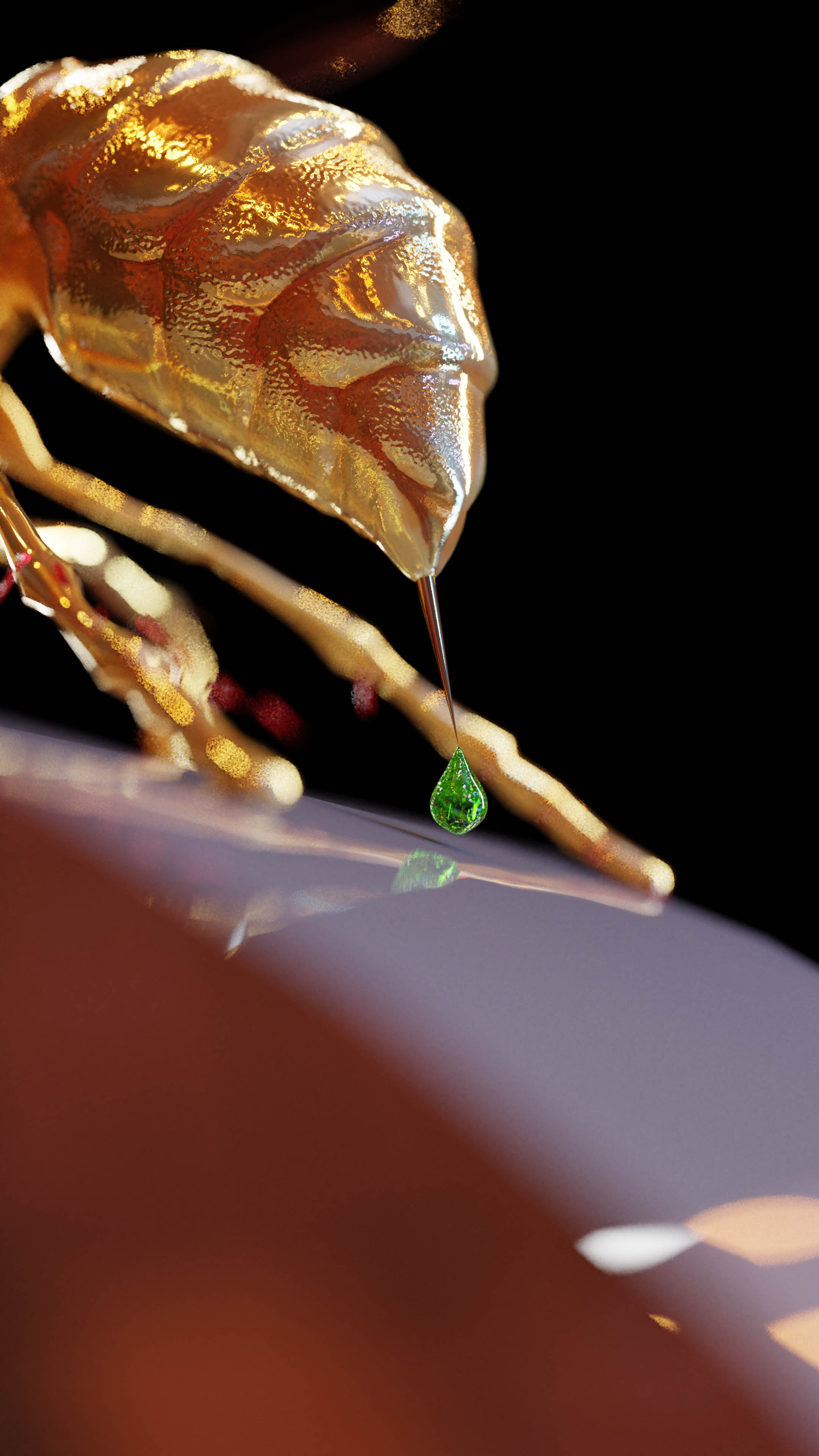 A golden hornet's stinger releasing a drop of emerald venom