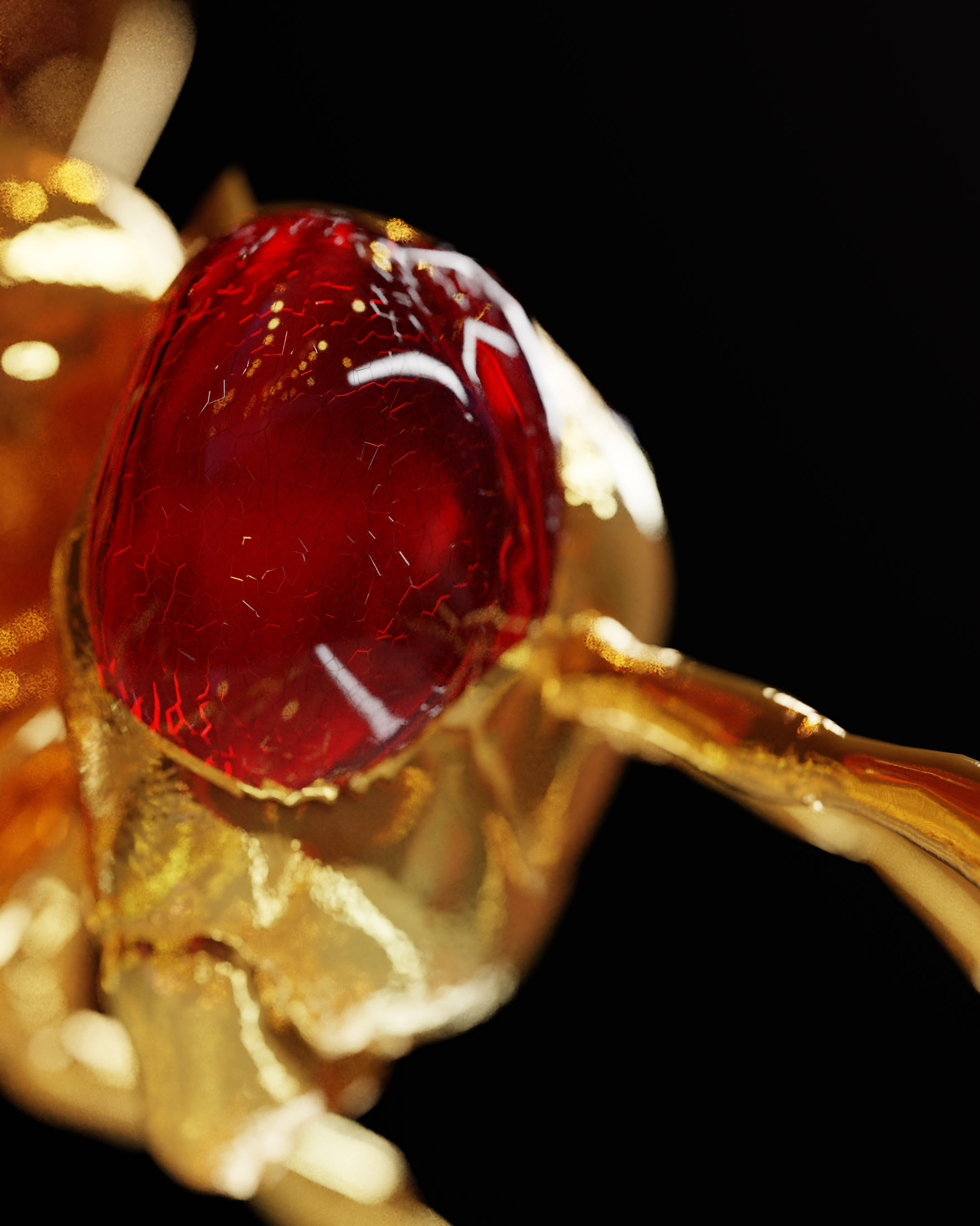 the red ruby eye of a golden hornet