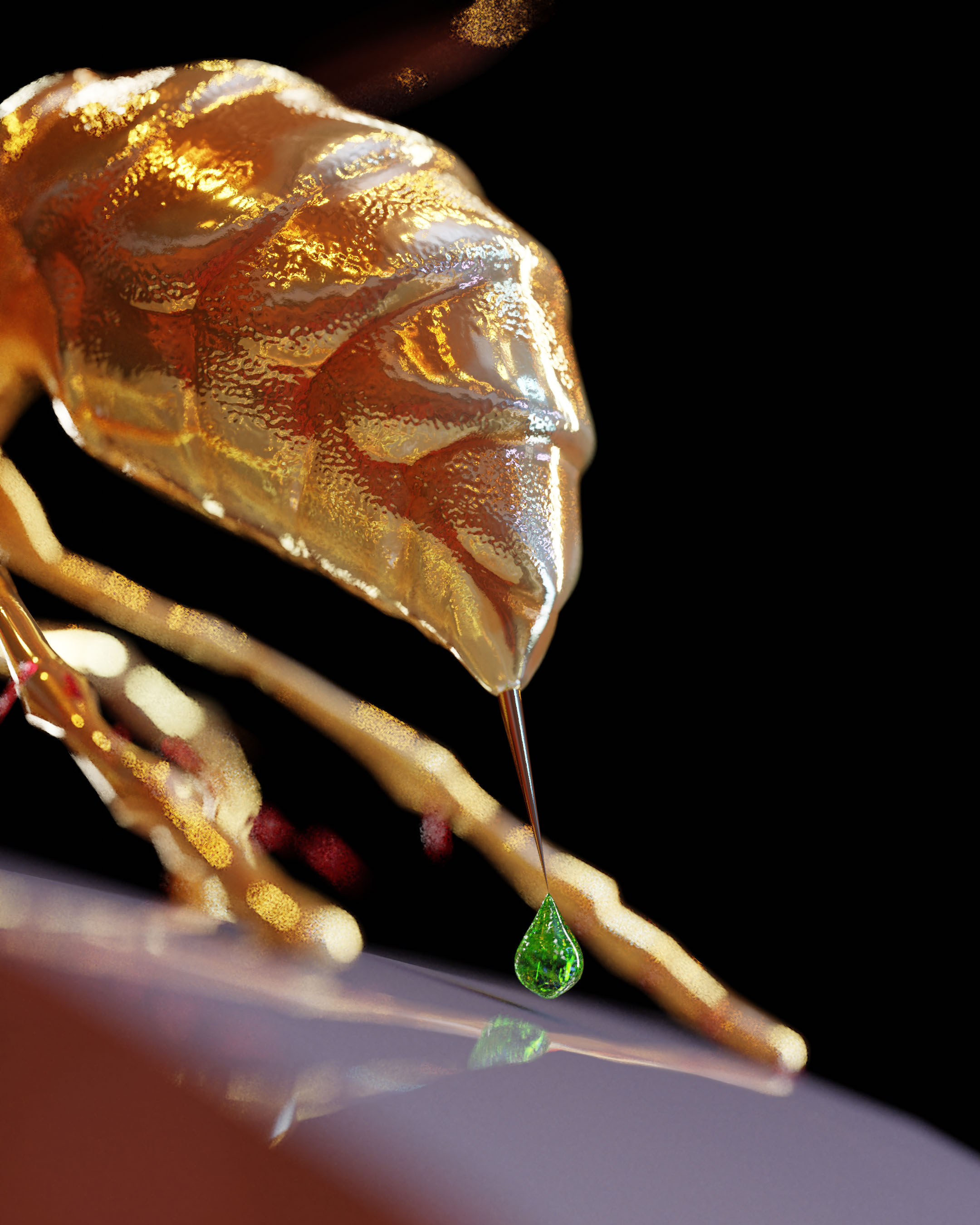 A golden hornet's stinger releasing a drop of emerald venom