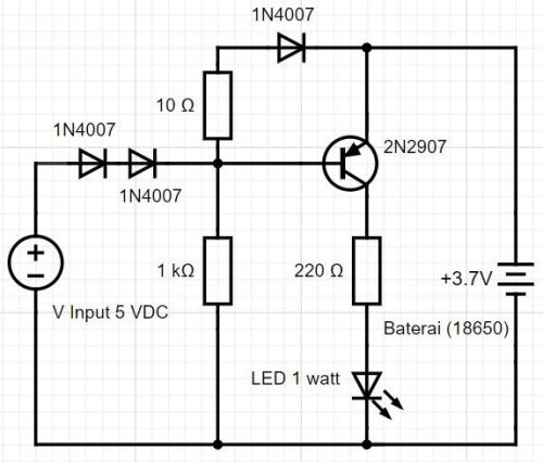 Skema rangkain konversi led emergency sederhana dari baterai hp