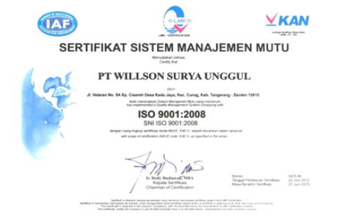 sertifikat ISO PT. Willson Surya Unggul