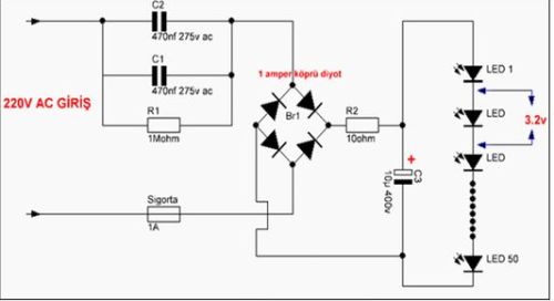 Gambar rangkaian lampu LED 220 volt tanpa trafo