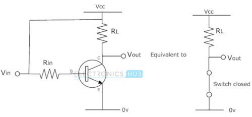Gambar rangkaian transistor NPN sebagai saklar ON