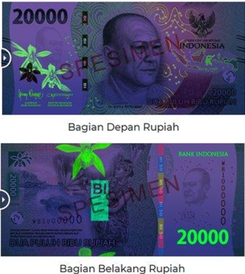 Uang 20000 baru di bawah sinar uv