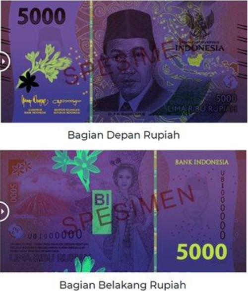 Uang 5000 baru di bawah sinar UV