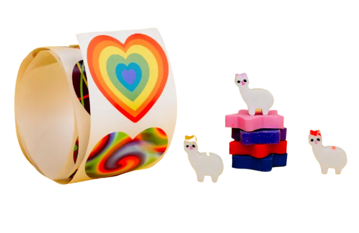 A photo of stickers and erasers that come in an Alpaca pack