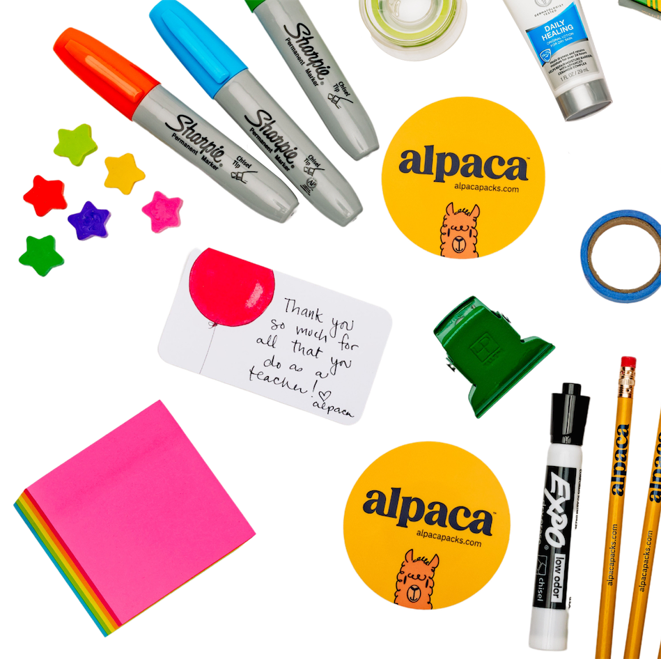 A photo of supplies that come in an alpaca pack. This includes markers, stickers, thank you notes, stickers, pencils, and more.u