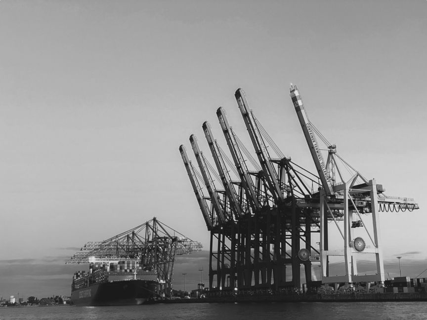 Container cranes by the shore with a clear view in the background
