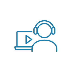 Blue icon of a person listening to a video on a laptop