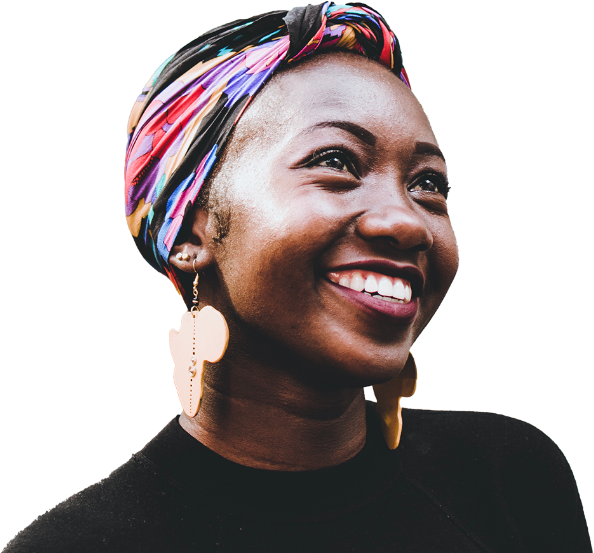 Woman with large earrings and colorful head scarf smiles broadly.