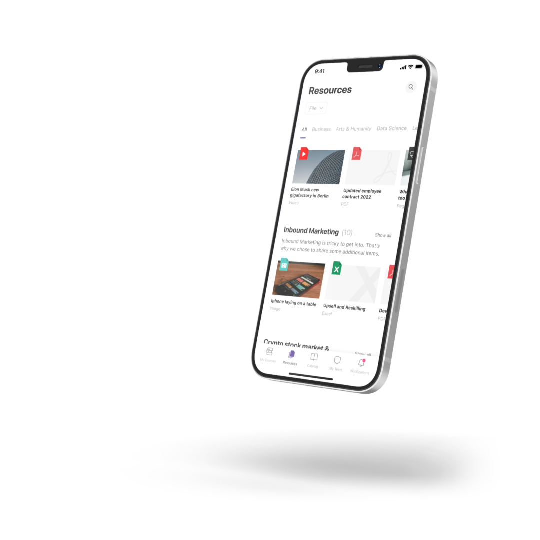 Telefon som visar Resources-funktionen i Learnster LMS
