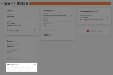 Water leak threshold property settings for away mode