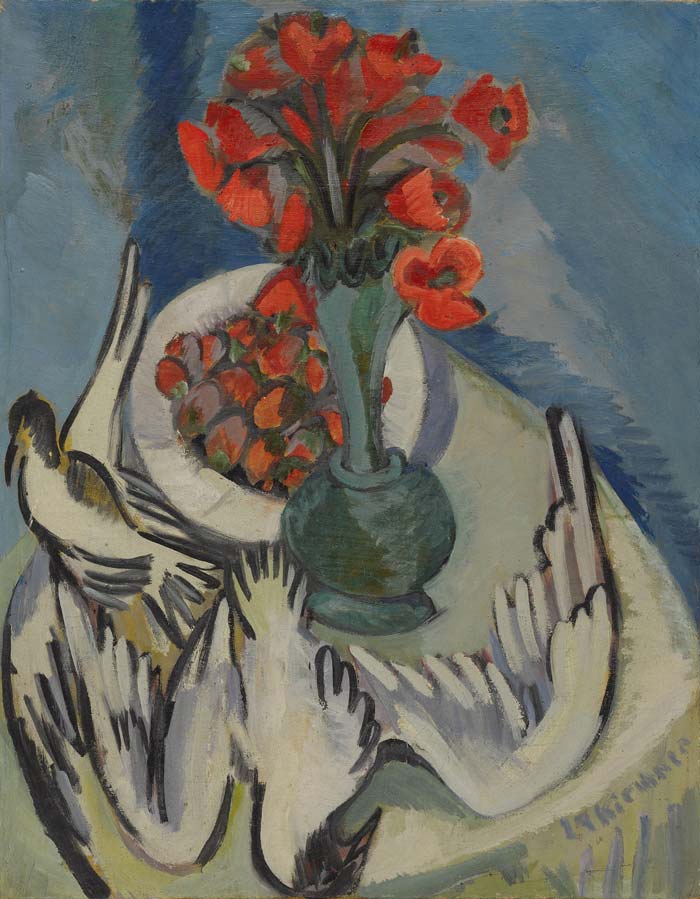 Ernst Ludwig Kirchner, Still life with seagulls, poppies and strawberries, 1912/20, oil on canvas, 95 x 76.2 cm.