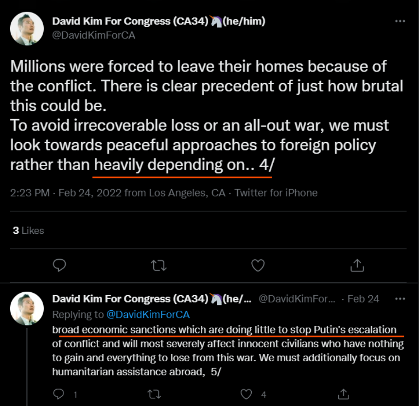 David Kim tweet supporting an end to sanctions against Russia