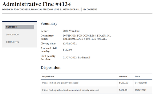 FEC fine for David Kim failing to file his campaign finance report