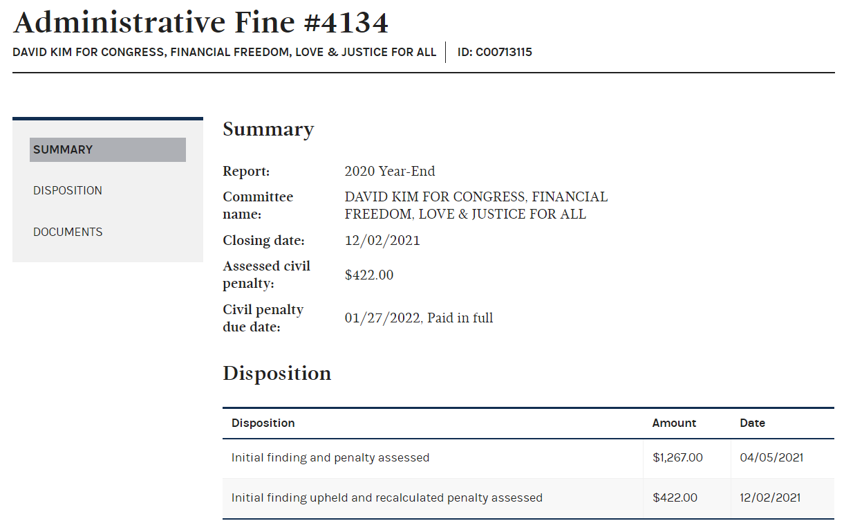 FEC fine for David Kim failing to file his campaign finance report