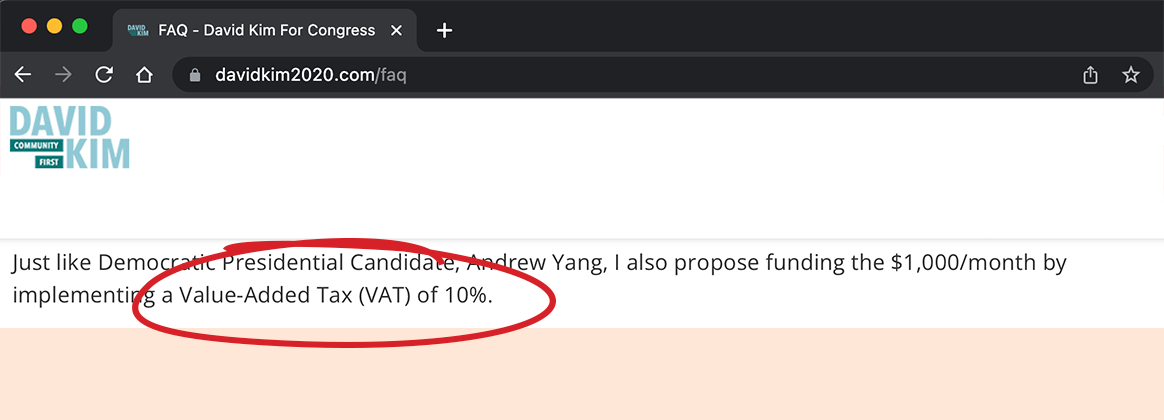 David Kim's support of a Value-Added Tax on his website 
