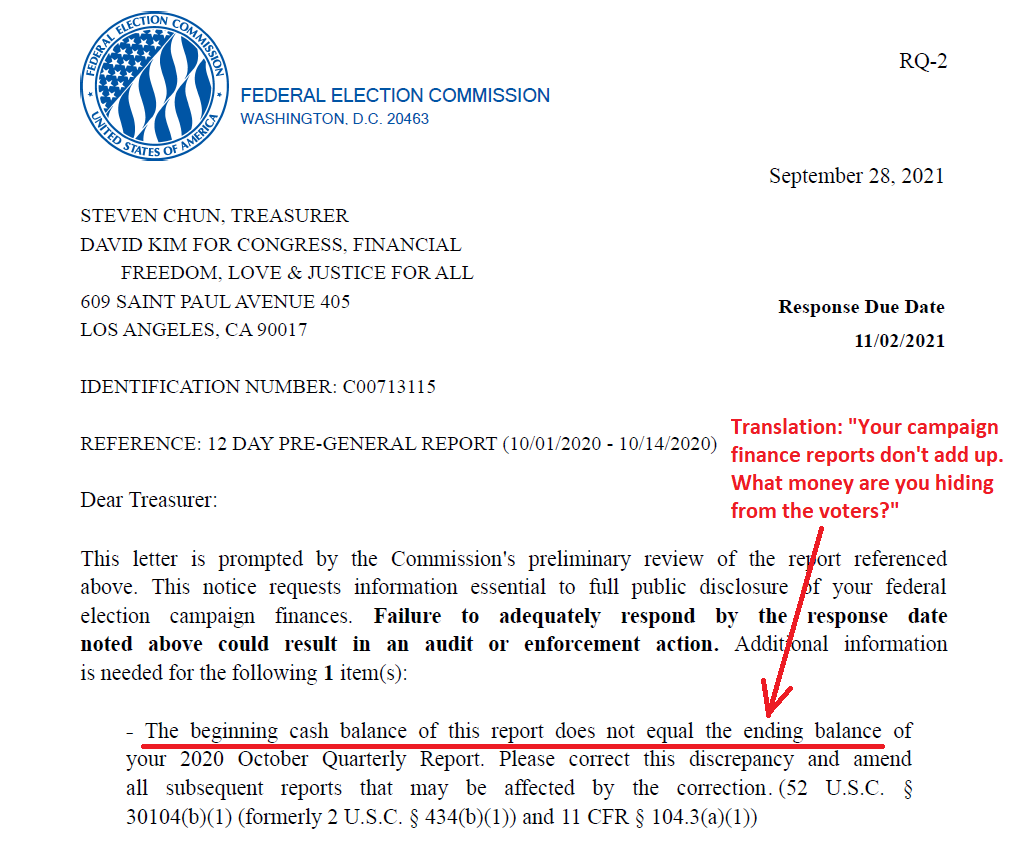 Letter from the FEC to David Kim's campaign
