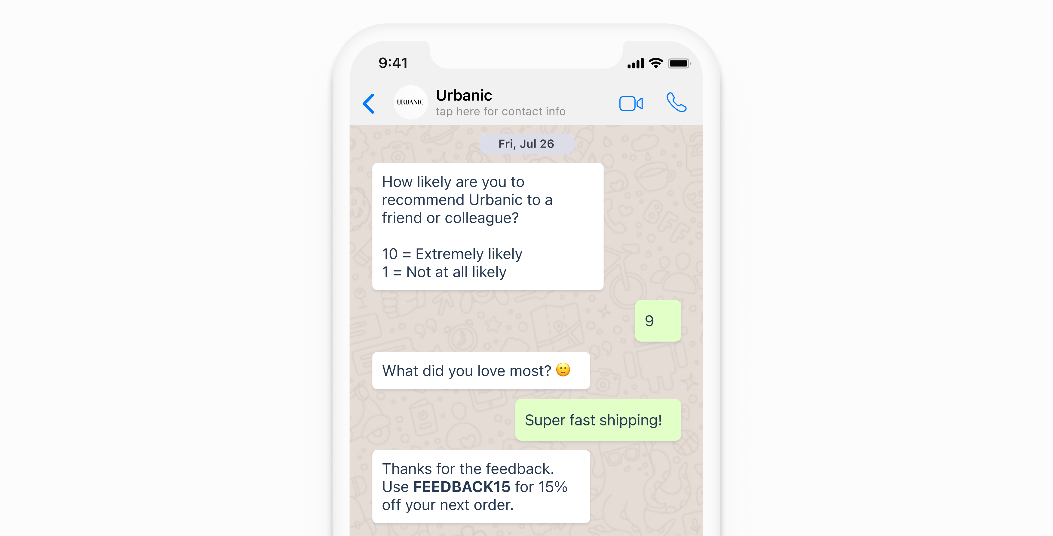Urbanic NPS WhatsApp message