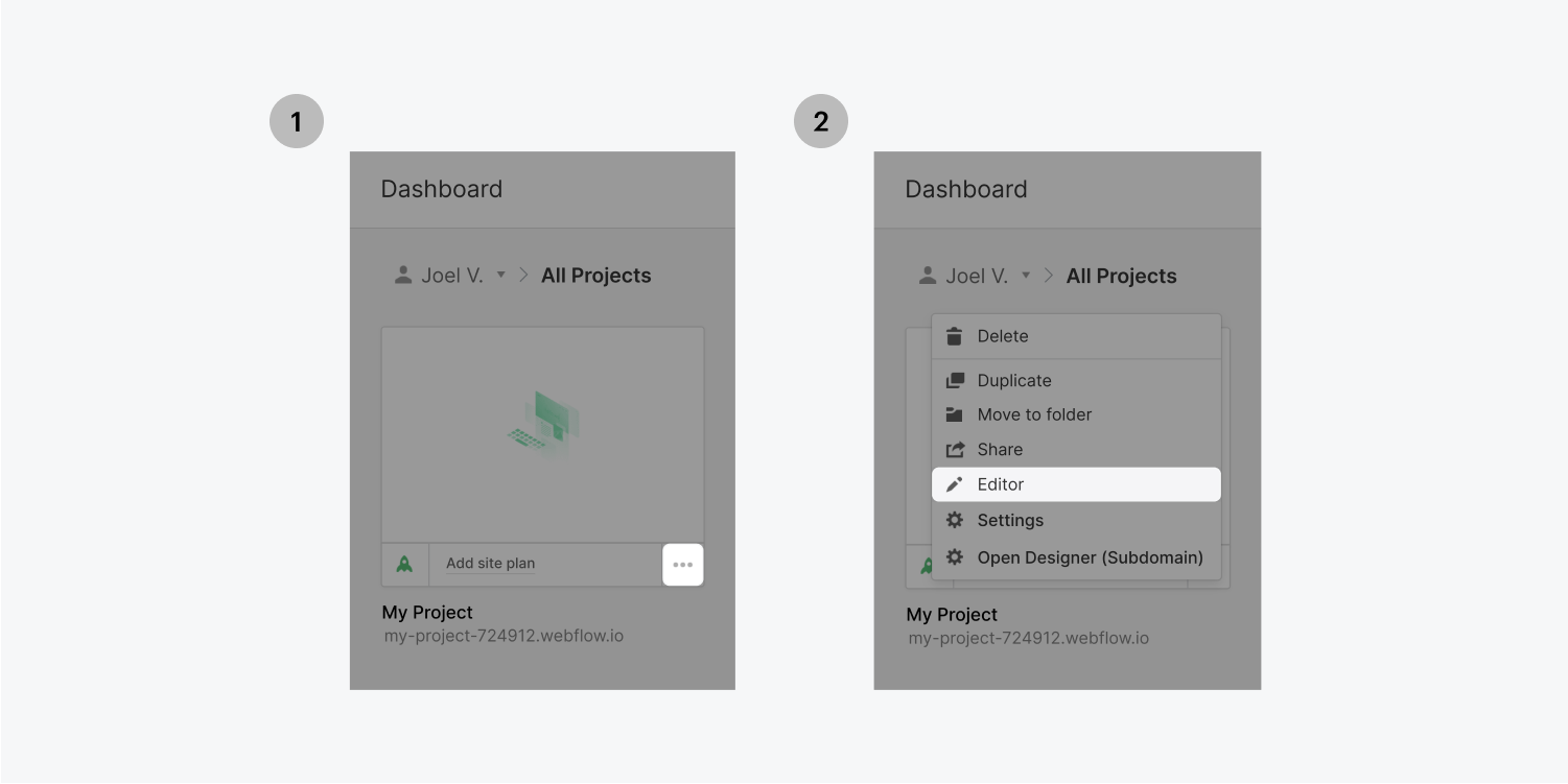 webflow editor access through dashboard