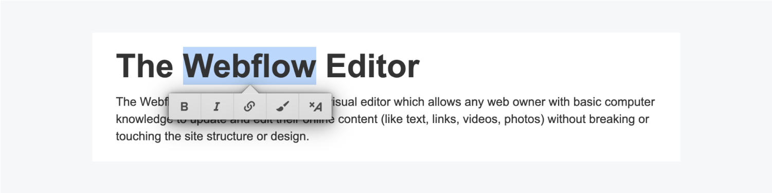 webflow editor edit text formatting by highlighting text