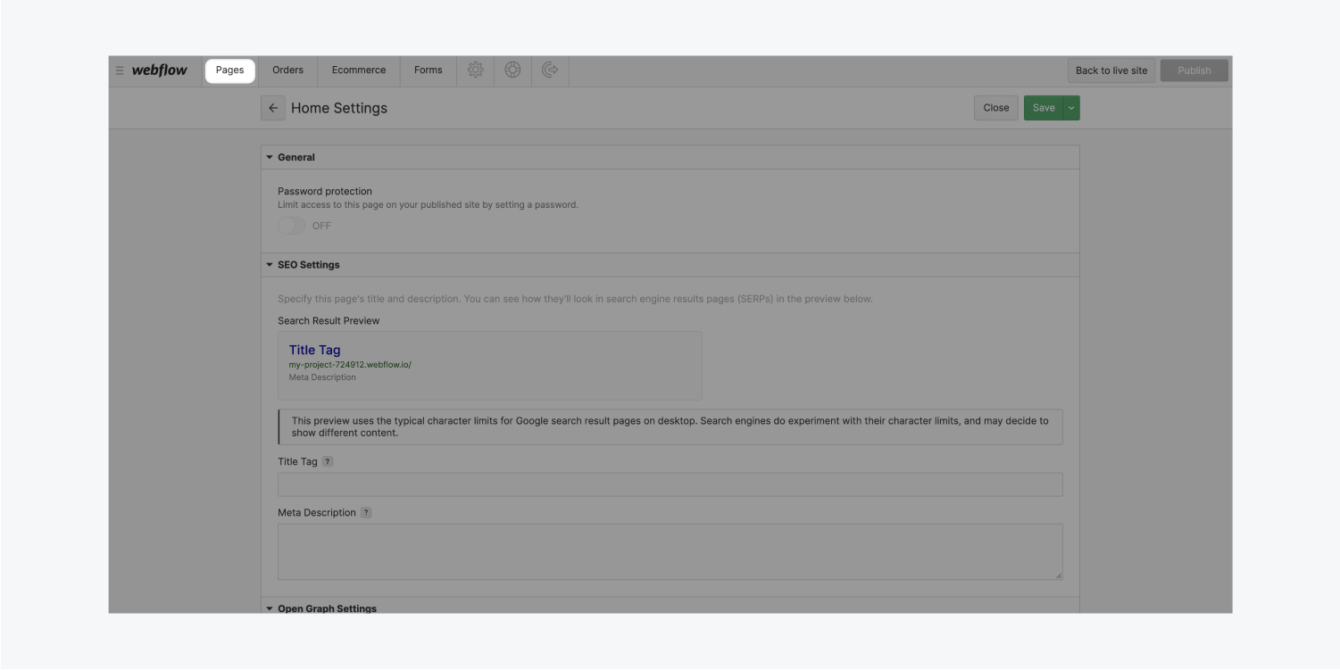 edit SEO info in page settings