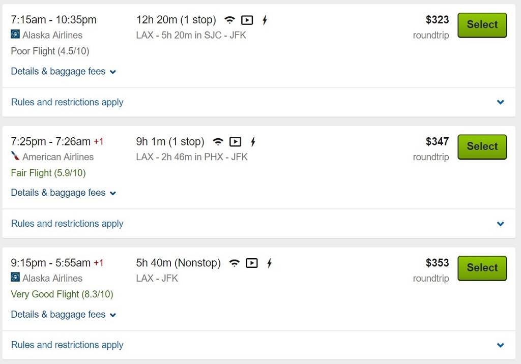 choosing flights on Travelocity