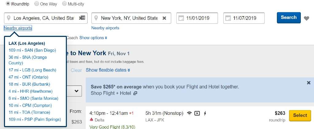 searching nearby airports on Expedia