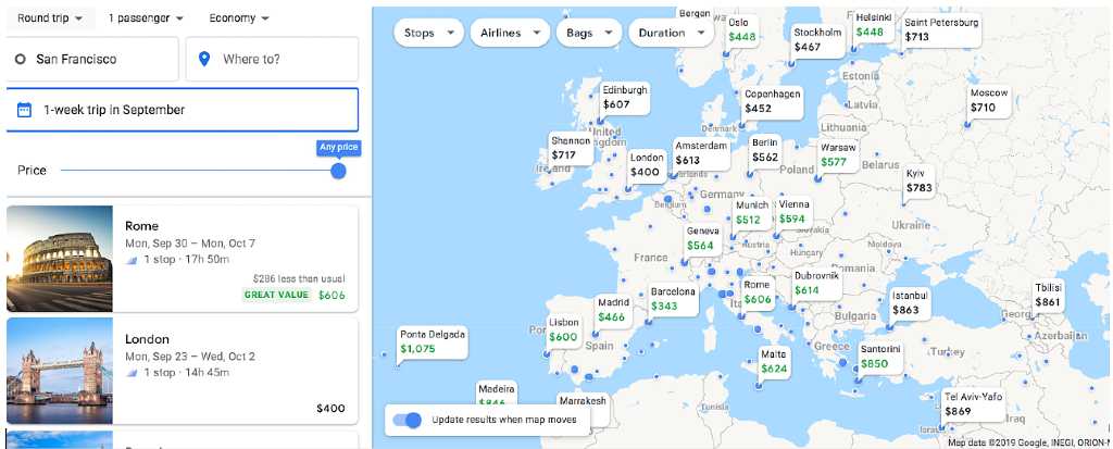choosing a region on Google Flights