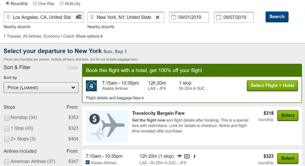 flight results on Travelocity