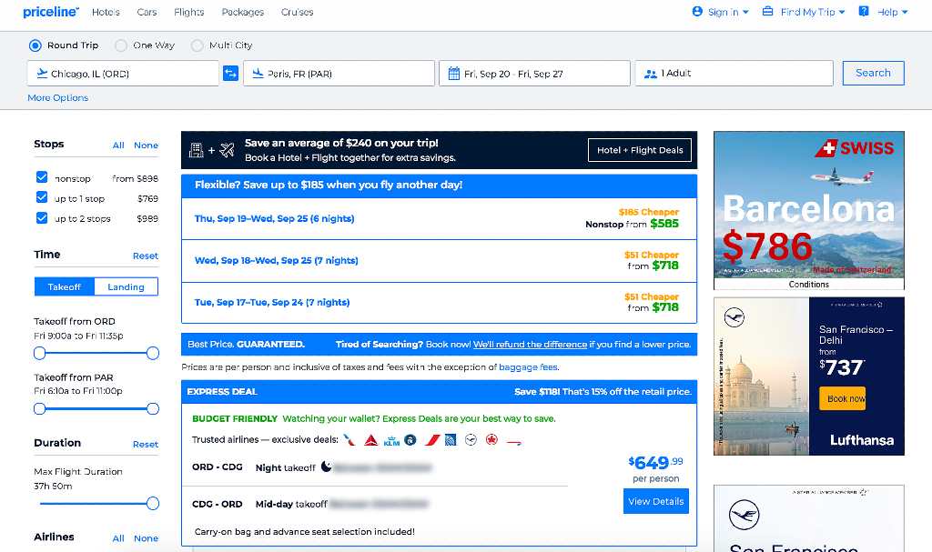 viewing results on priceline