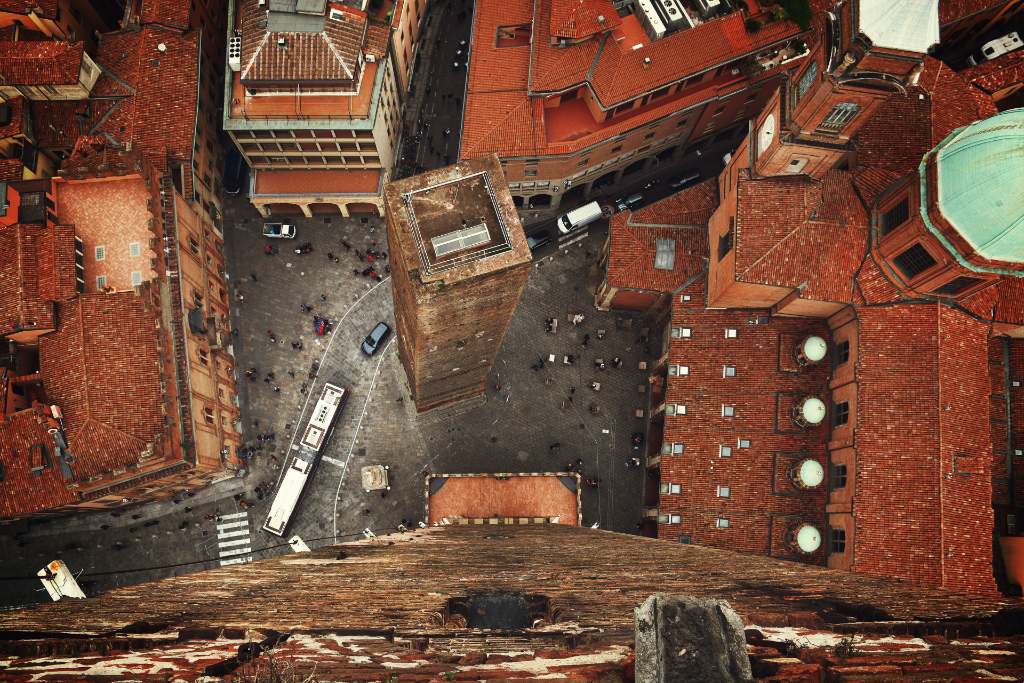 red buildings of Bologna from above.