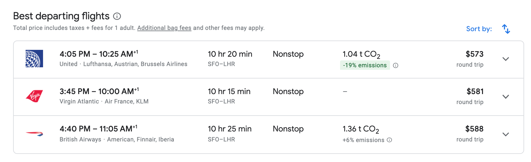 screenshot of Google Flights results page with carbon emissions info.