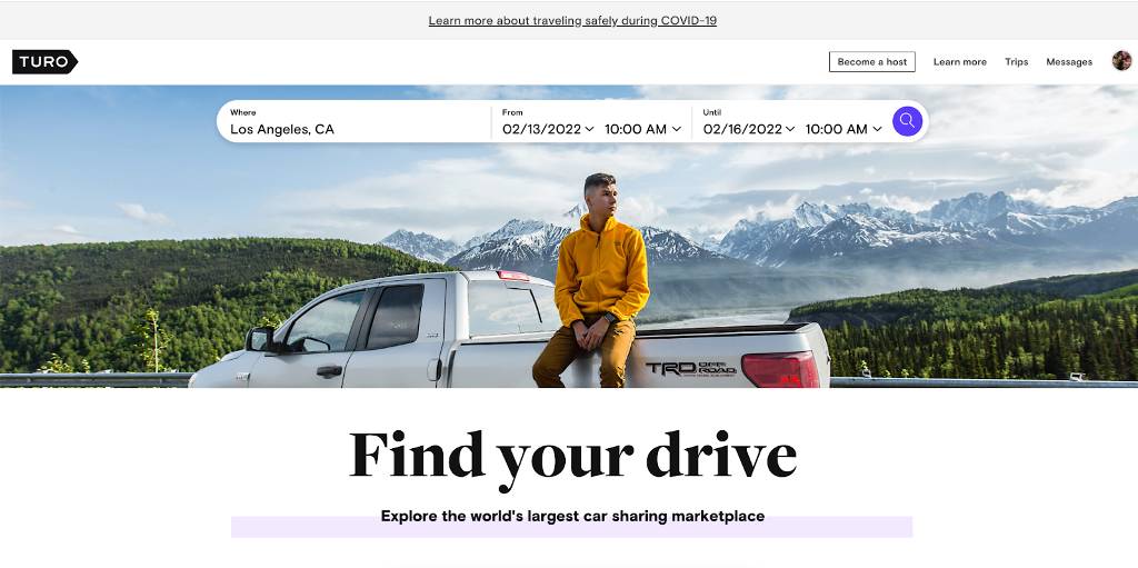 Turo website welcome screen.