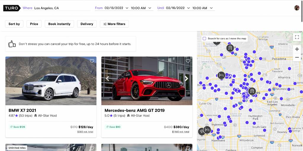 Turo results screen.