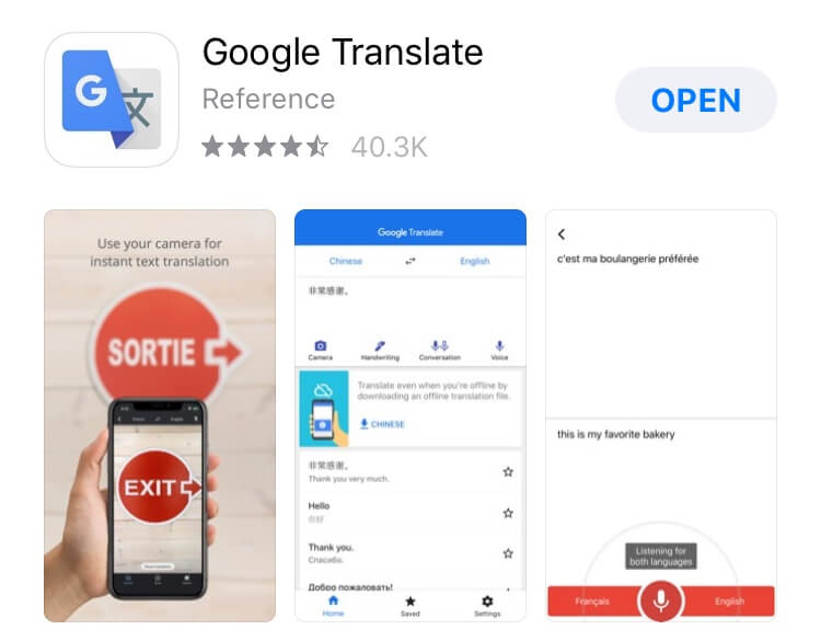 screenshot of Google Translate app.