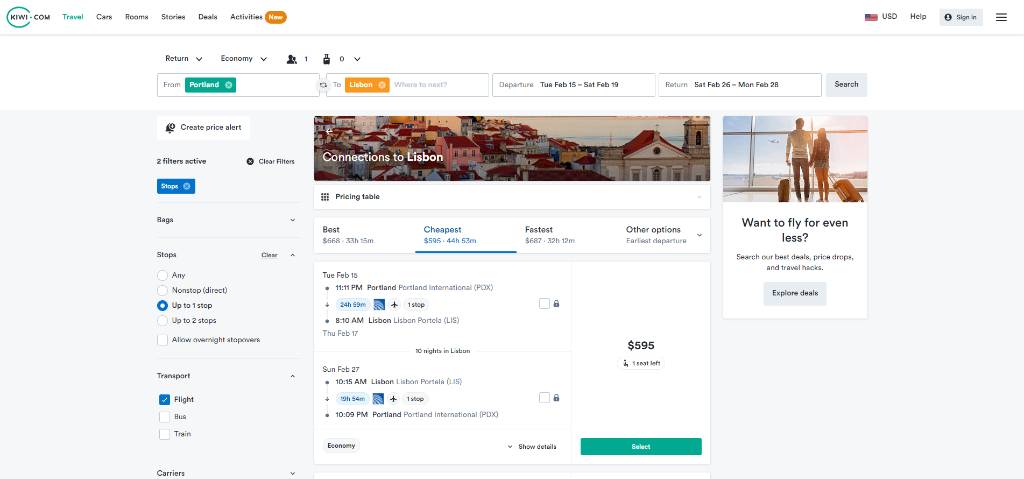 flight search results on kiwi