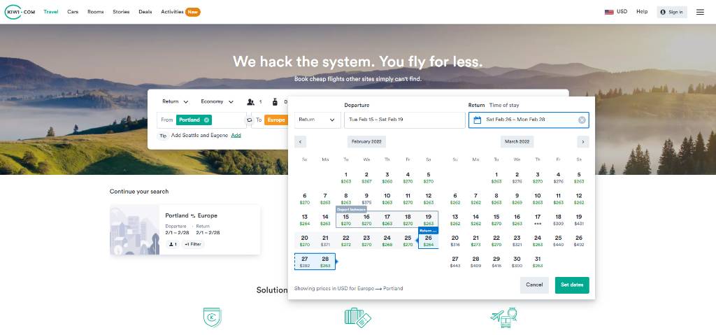 select dates on kiwi flights