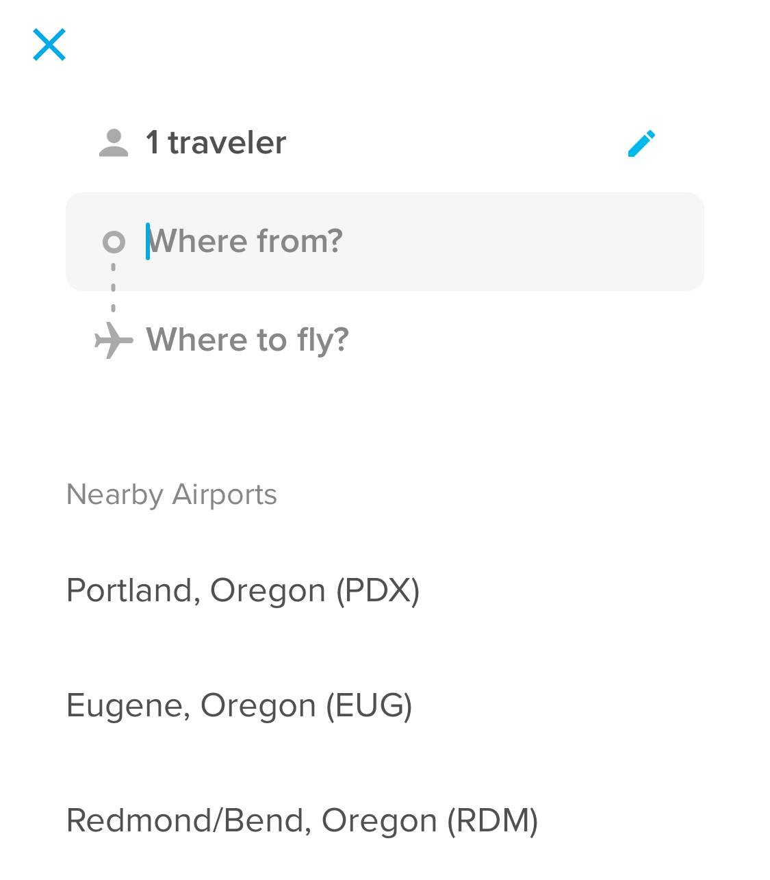 screenshot of entering departure and destination cities in hopper.