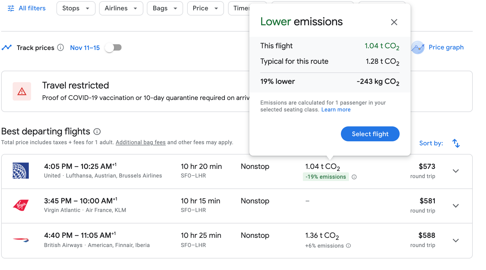 screenshot of Google Flights result with popup showing average emissions per flight